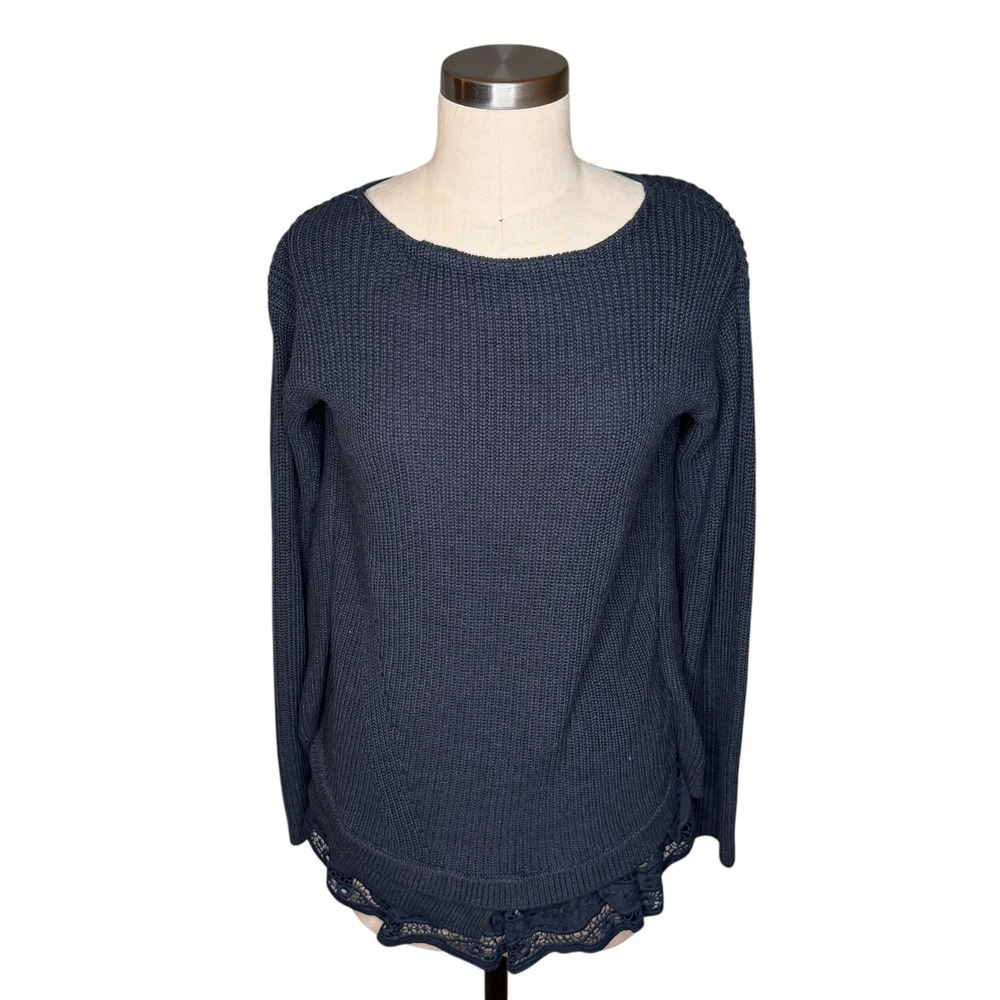 WRAP LONDON Alicia Split Open Back Sweater Navy Blue Eyelet Lace Women's Size 2